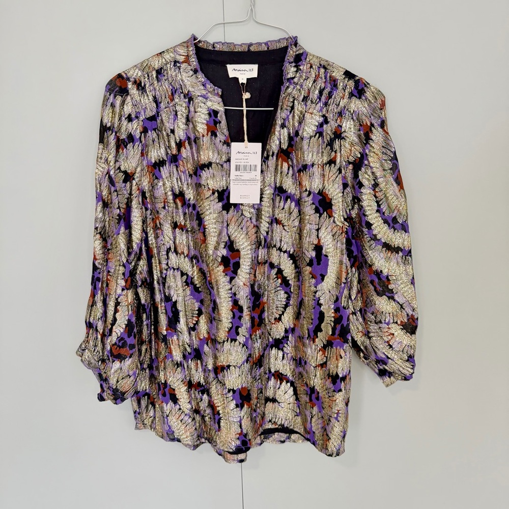 Anthropologie Purple Metallic Print Blouse